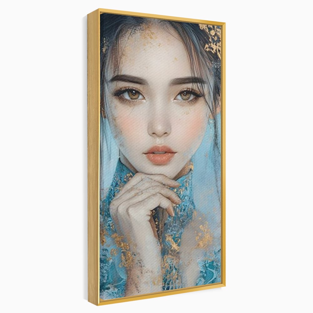 Tablou canvas cu tablou canvas cu chip de femeie, in rama de aluminiu auriu